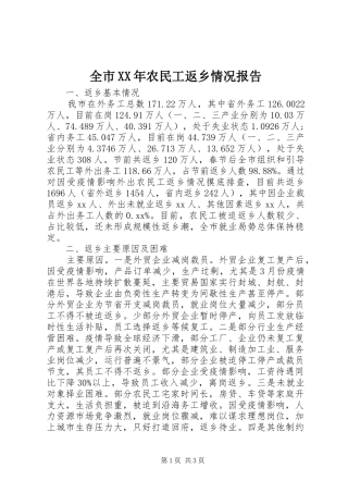 全市XX年农民工返乡情况报告