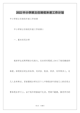 2024中小学班主任培优补差工作计划