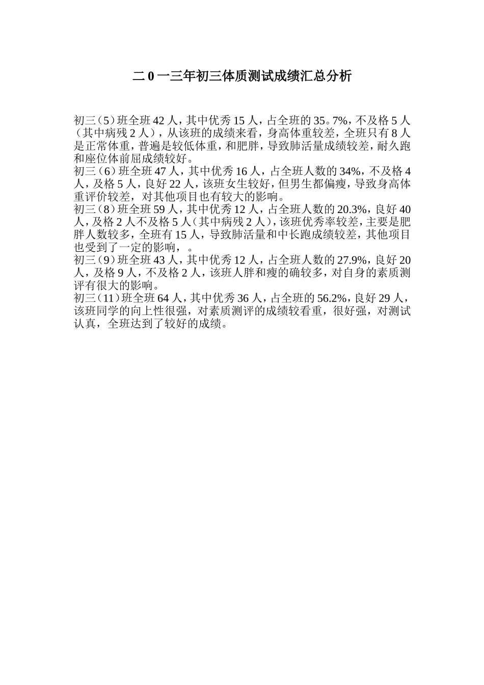 二00九年初三体质测试成绩汇总分析_第1页