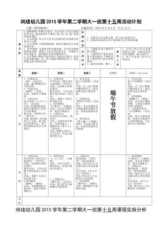 尚珑幼儿园2015学年第二学期大一班第十五周计划