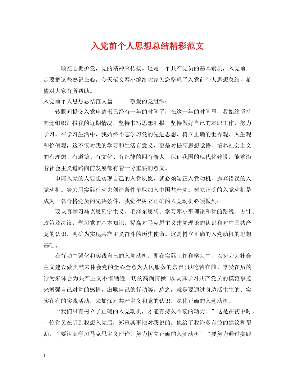 入党前个人思想总结精彩范文 _第1页