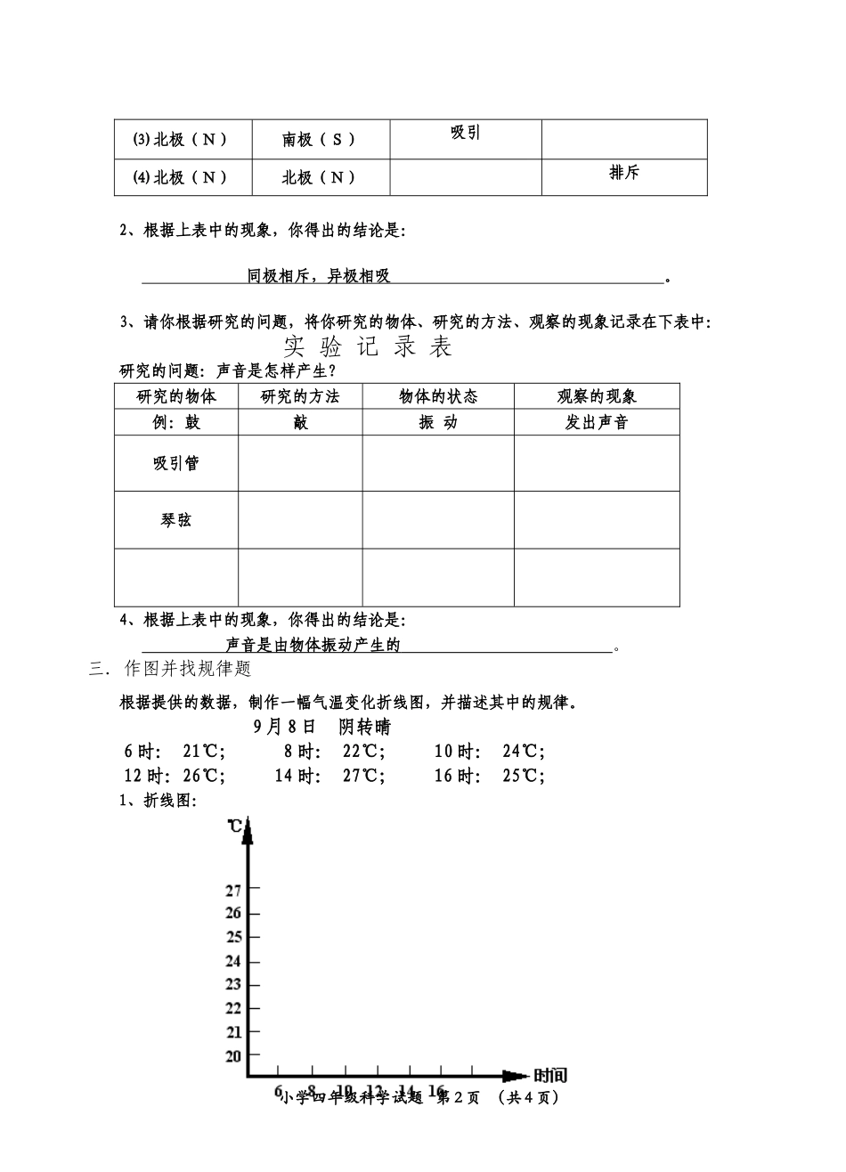 四年级科学上册期末考试题_第2页