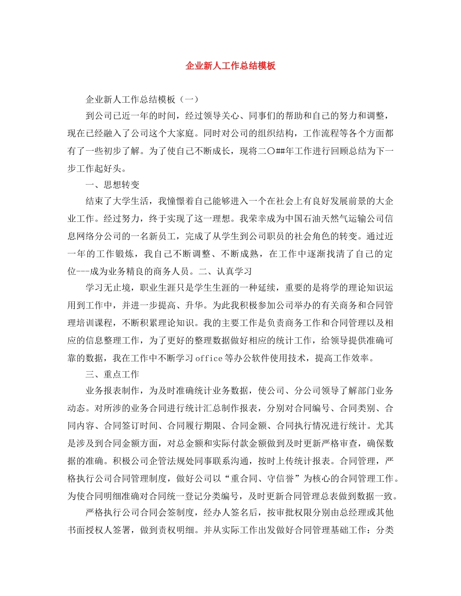 企业新人工作总结模板 _第1页
