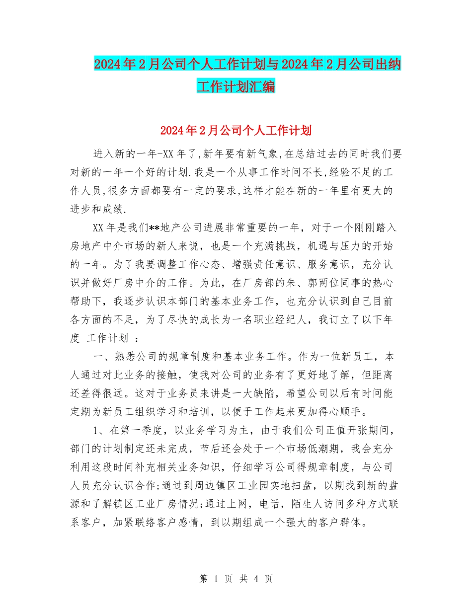 2024年2月公司个人工作计划与2024年2月公司出纳工作计划汇编_第1页