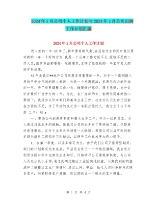 2024年2月公司个人工作计划与2024年2月公司出纳工作计划汇编