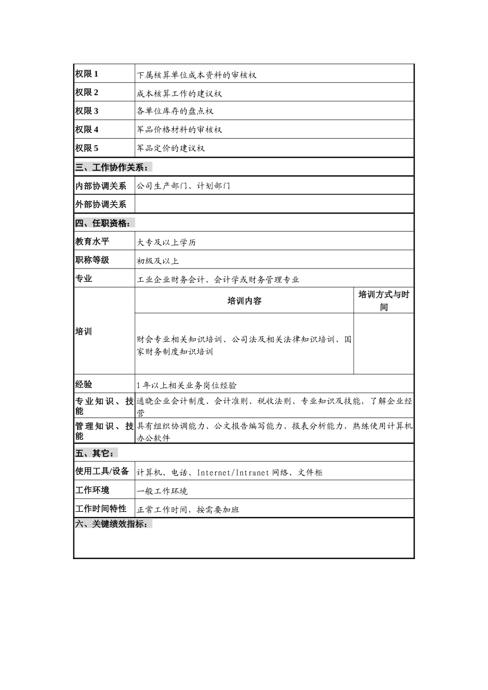 仪器生产企业成本会计职位说明书_第2页