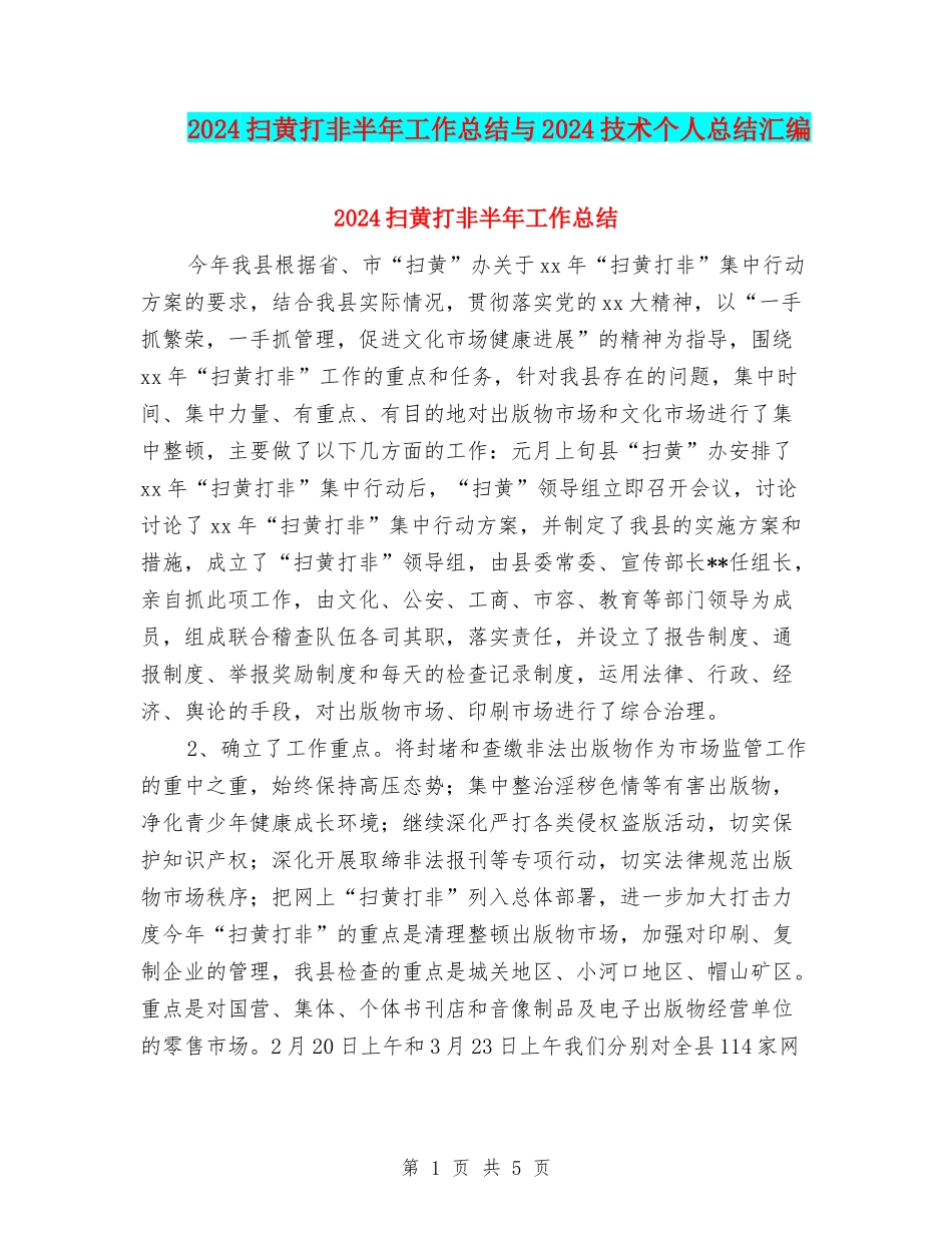 2024扫黄打非半年工作总结与2024技术个人总结汇编_第1页
