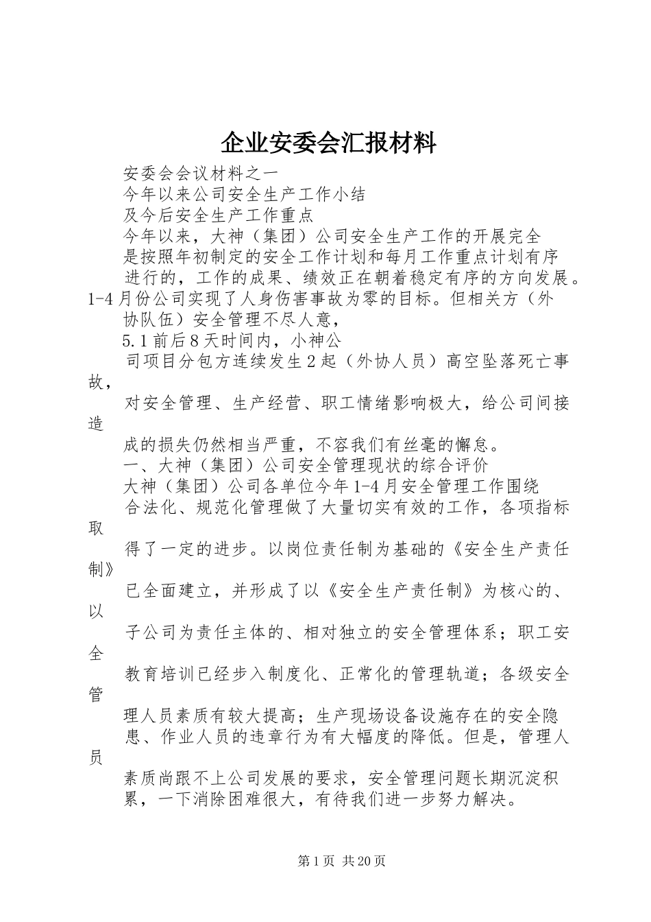 企业安委会汇报材料_第1页