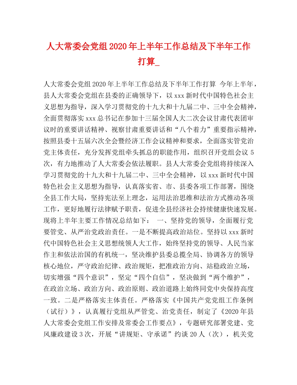 人大常委会党组2020年上半年工作总结及下半年工作打算_ _第1页