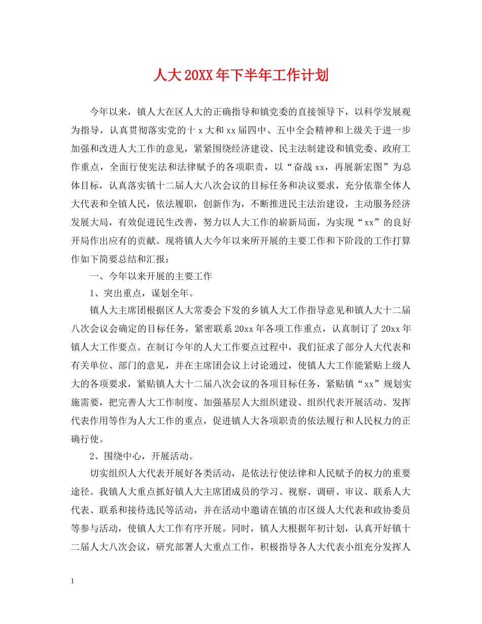 人大20XX年下半年工作计划 _第1页