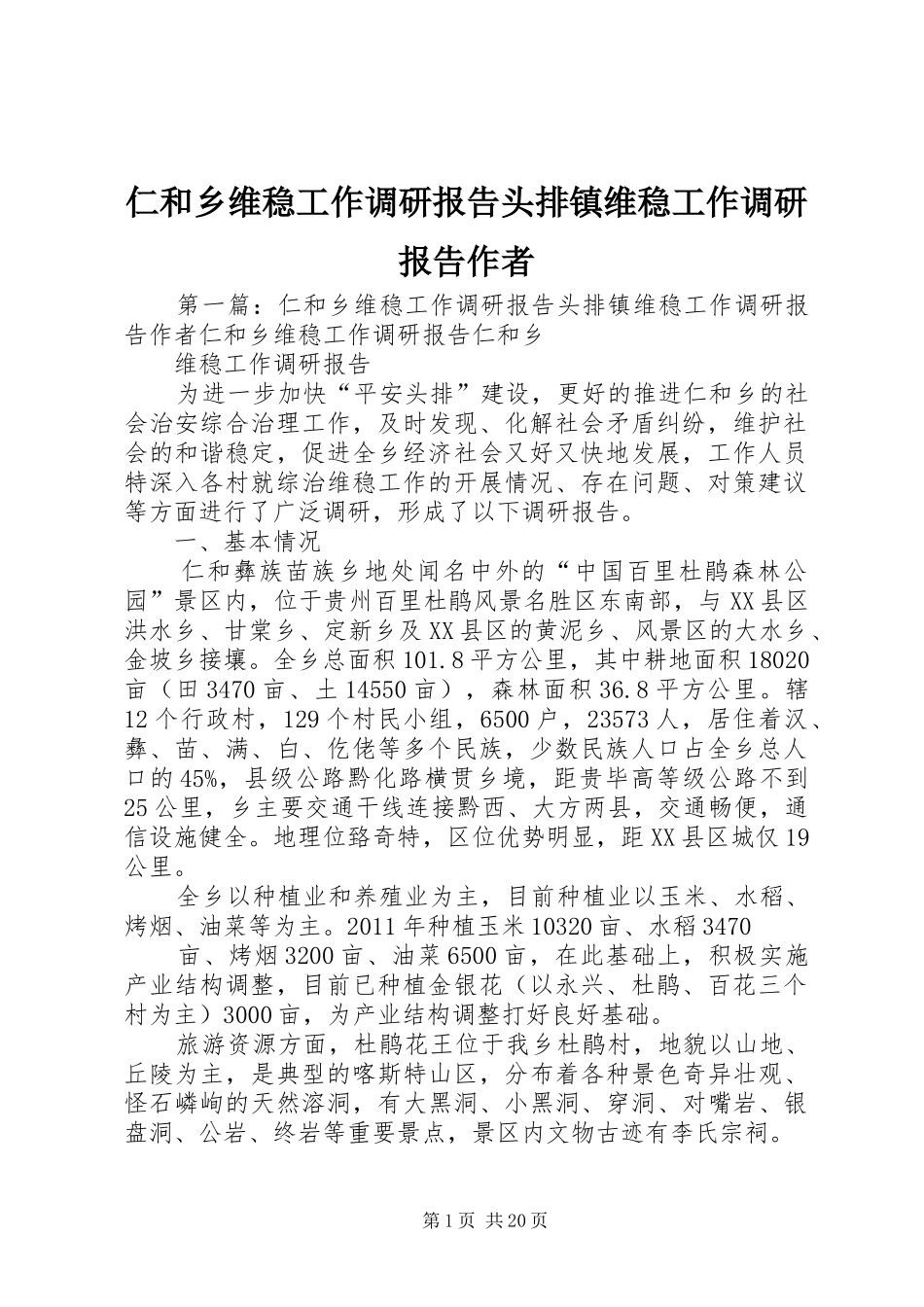 仁和乡维稳工作调研报告头排镇维稳工作调研报告作者_第1页