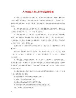 人力资源月度工作计划表格模板 