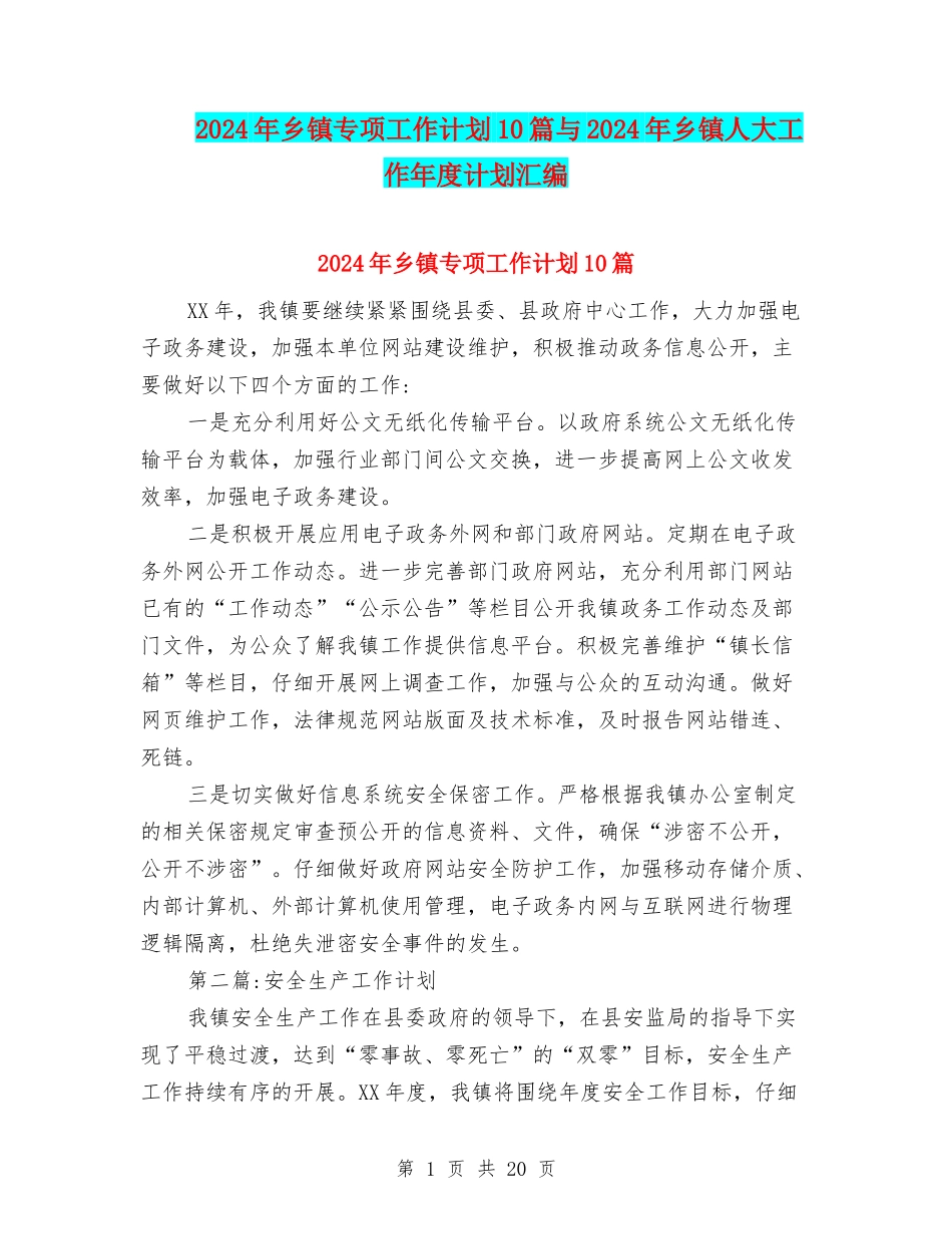2024年乡镇专项工作计划10篇与2024年乡镇人大工作年度计划汇编_第1页