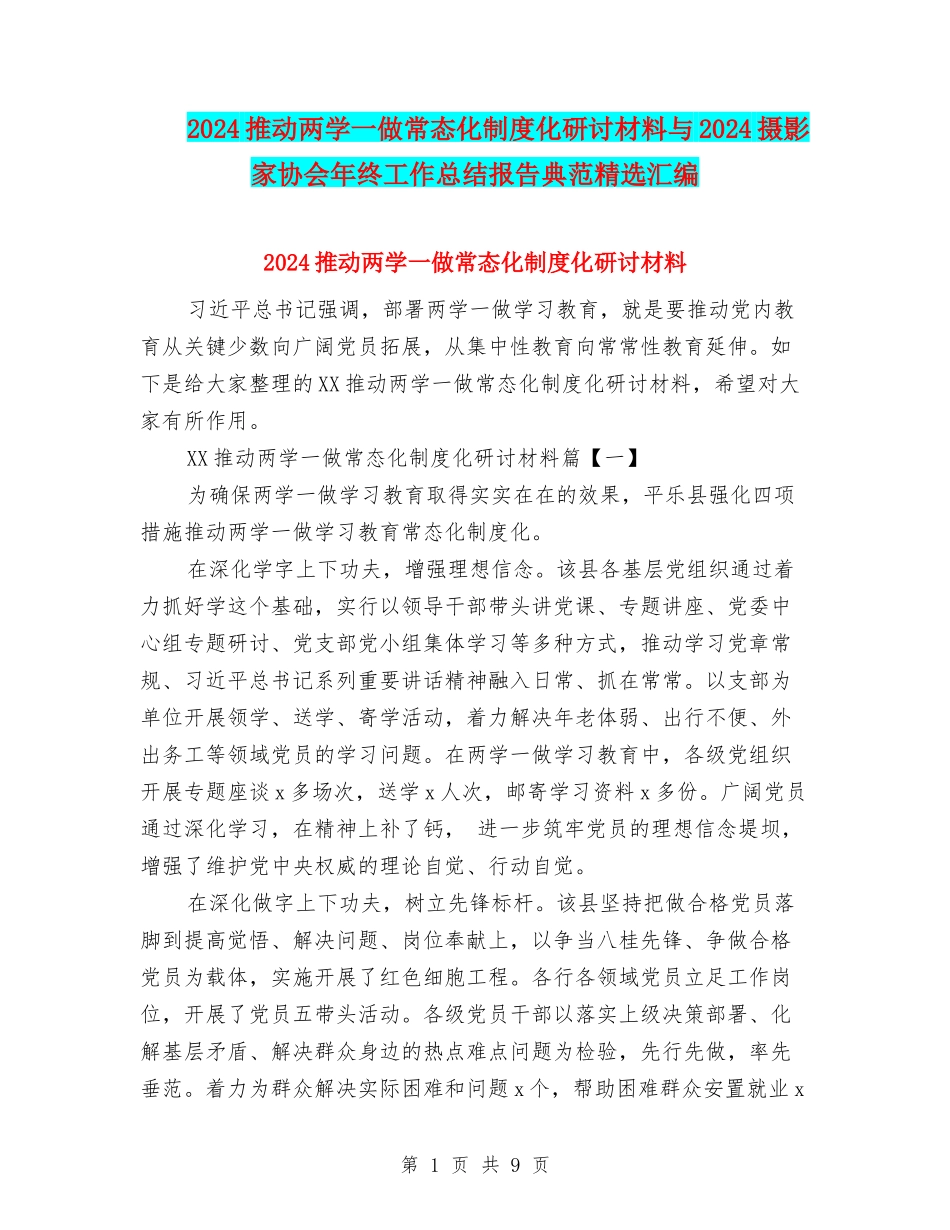 2024推进两学一做常态化制度化研讨材料与2024摄影家协会年终工作总结报告典范精选汇编_第1页