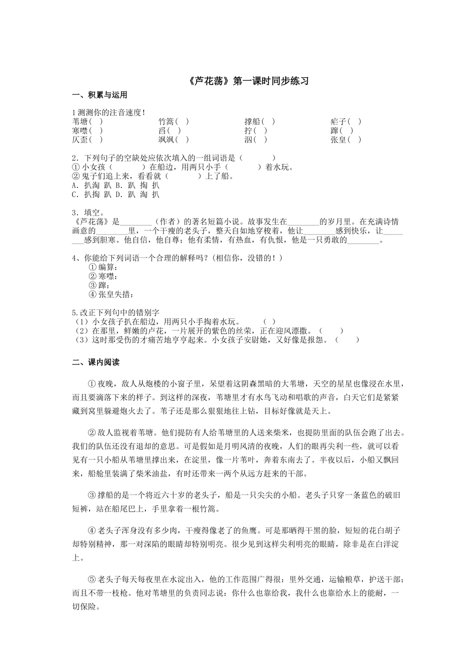 《芦花荡》第一课时同步练习_第1页