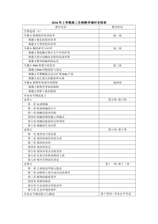 2016年上学期高二生物教学课时安排表
