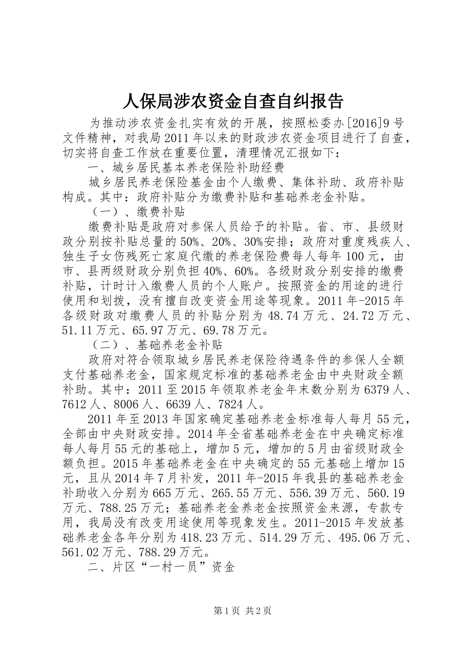人保局涉农资金自查自纠报告_第1页