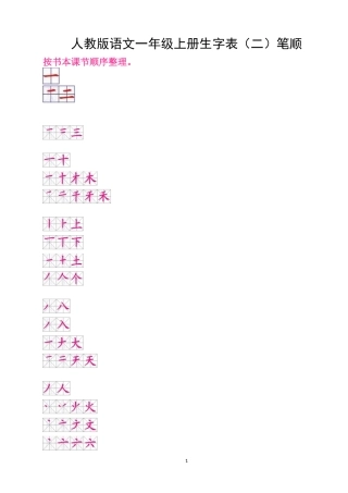 人教版语文一年级上册生字表(二)笔顺(按课本先后顺序整理)