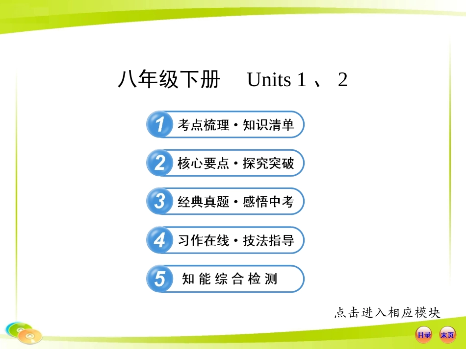2013版初中英语全程复习方略课件（教材复习案）八年级下册Units1、2（人教版）_第1页