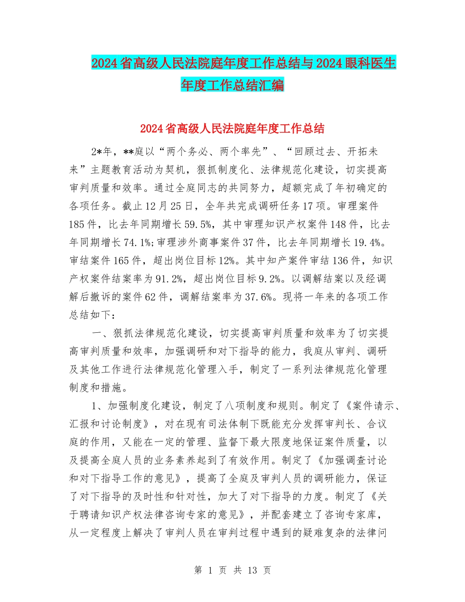 2024省高级人民法院庭年度工作总结与2024眼科医生年度工作总结汇编_第1页
