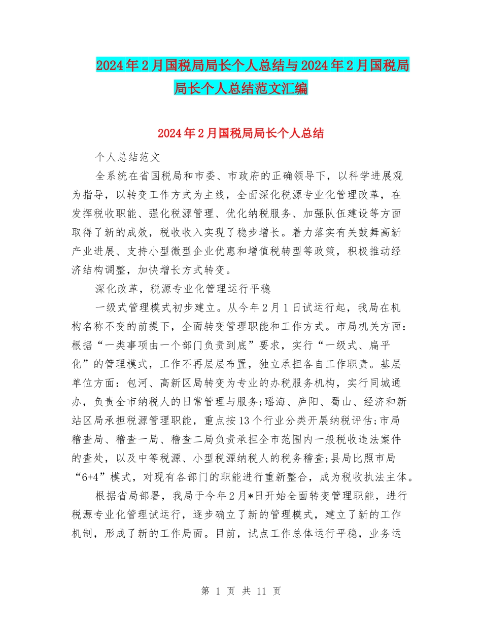 2024年2月国税局局长个人总结与2024年2月国税局局长个人总结范文汇编_第1页