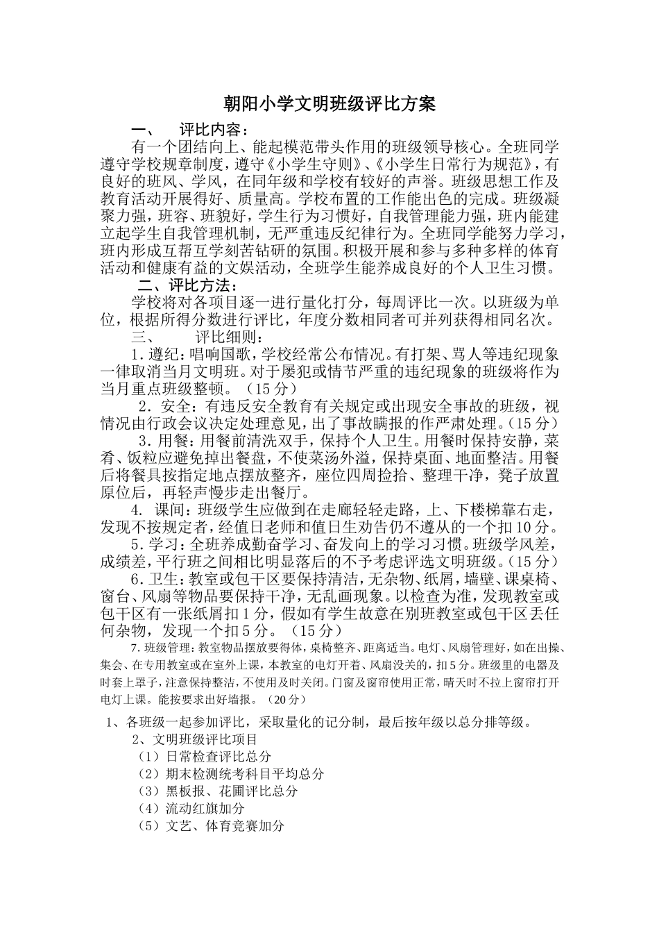 朝阳小学文明班级评比方案_第1页