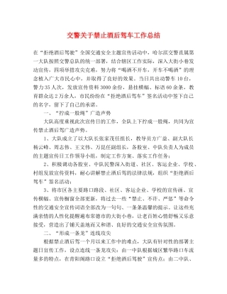 交警关于禁止酒后驾车工作总结 