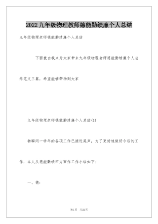 2024九年级物理教师德能勤绩廉个人总结