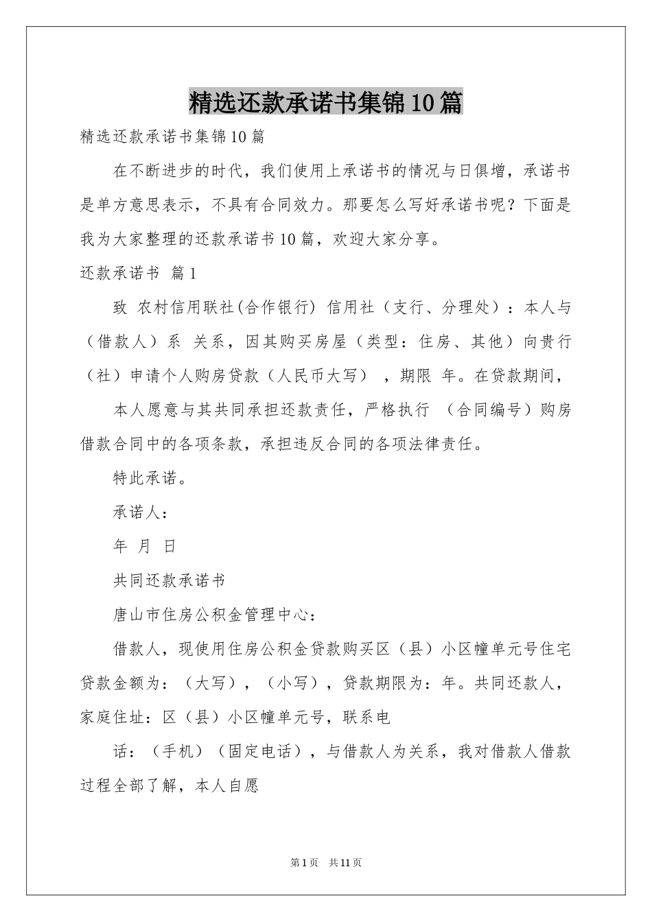 还款承诺书集锦10篇_第1页