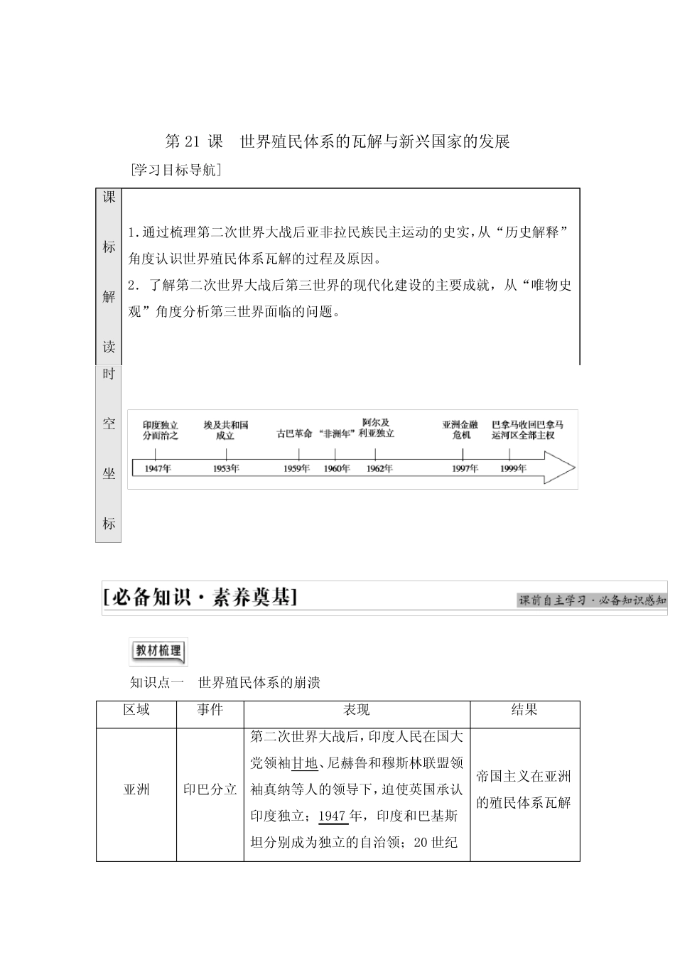 第21课 世界殖民体系的瓦解与新兴国家的发展 (导学案)—— 高中历史人 ..._第1页