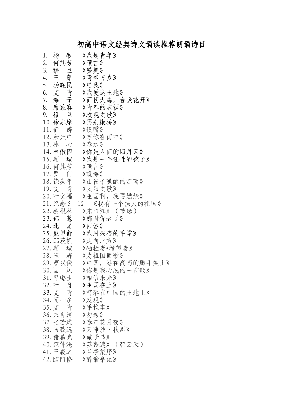 初高中语文经典诗文诵读推荐朗诵诗目（诗朗诵比赛参考）_第1页