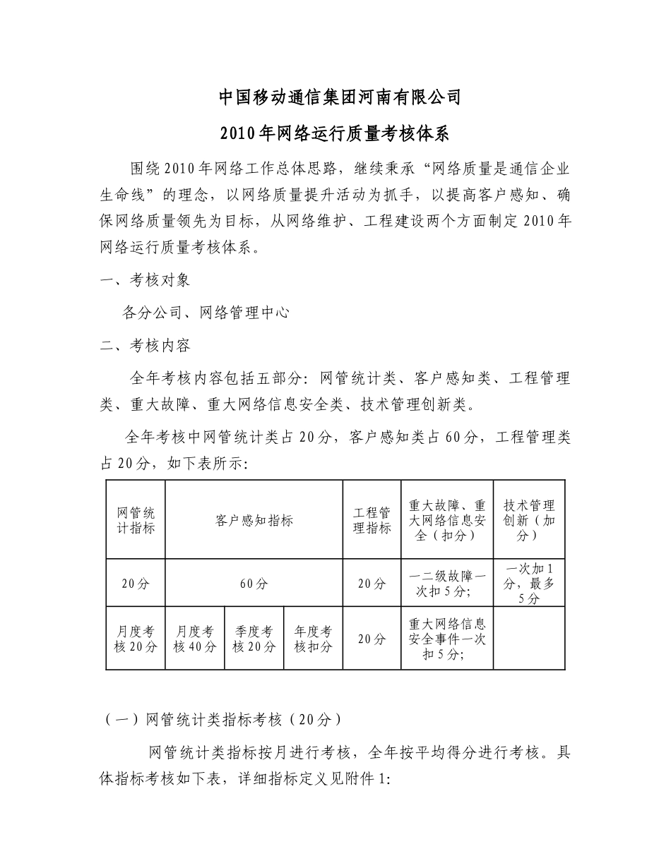 中国移动通信集团河南有限公司XXXX年网络运行质量考核体系v8_第1页
