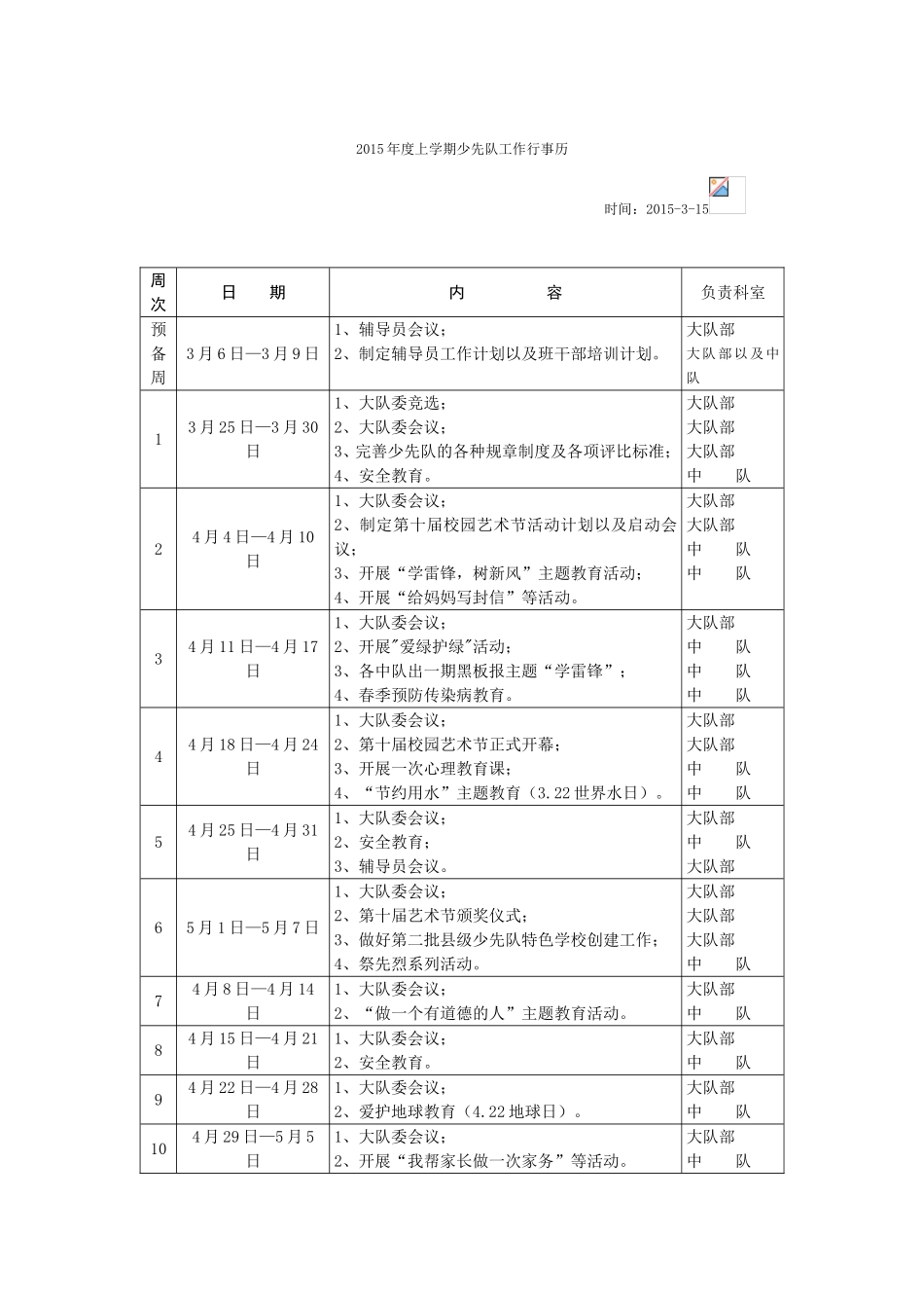 2015年度上学期少先队工作行事历_第1页