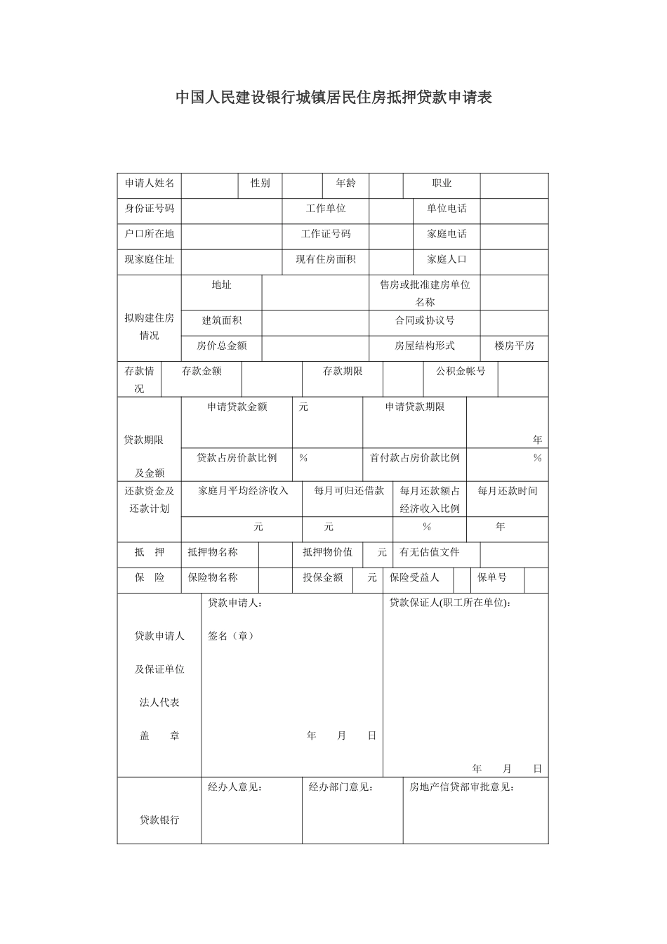 中国人民某银行城镇居民住房抵押贷款申请表_第1页
