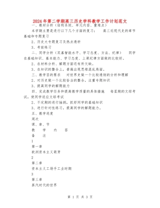 2024年第二学期高三历史学科教学工作计划范文