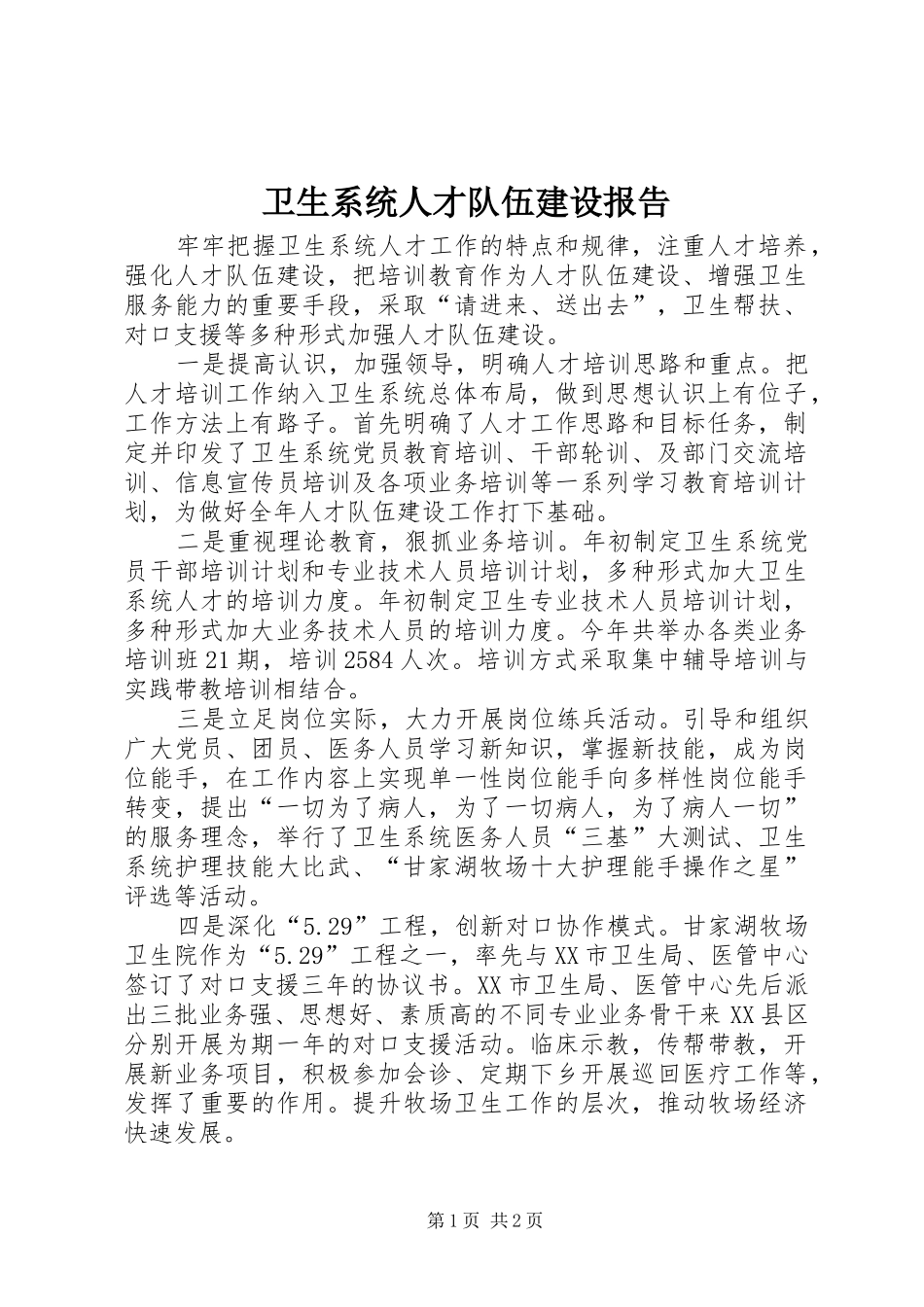 卫生系统人才队伍建设报告_第1页