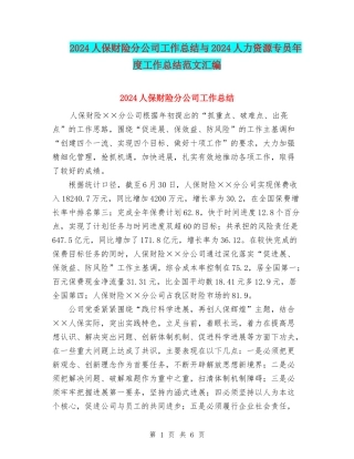 2024人保财险分公司工作总结与2024人力资源专员年度工作总结范文汇编