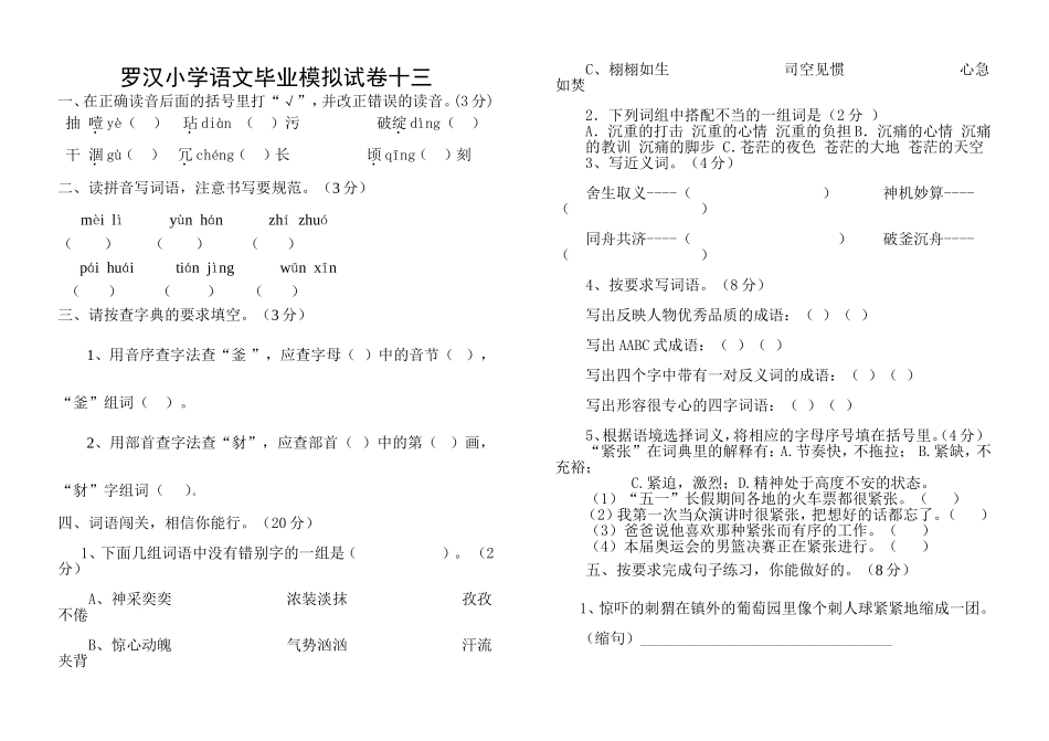 罗汉小学语文毕业模拟试卷十三_第1页