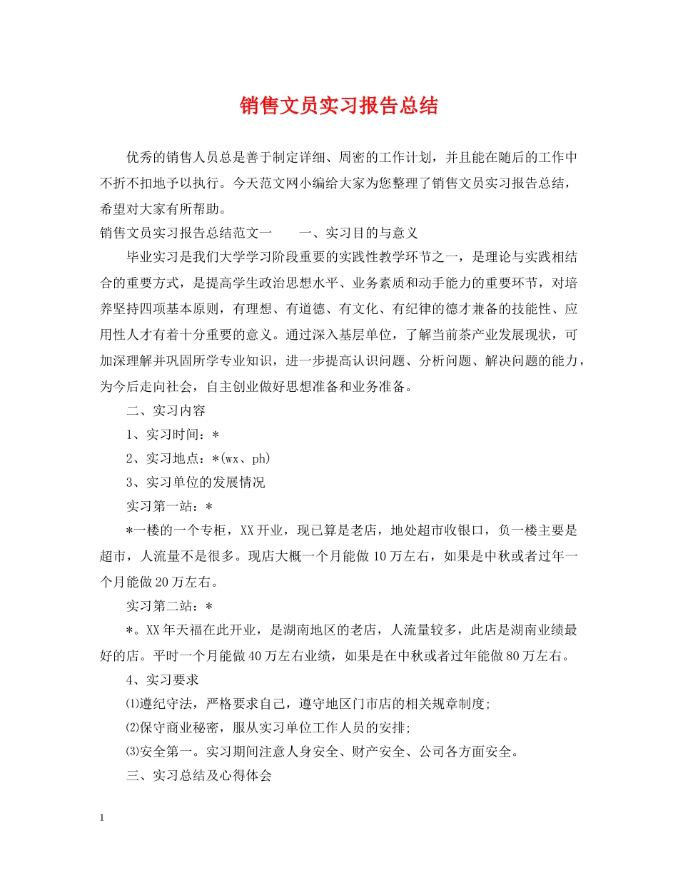 销售文员实习报告总结 _第1页