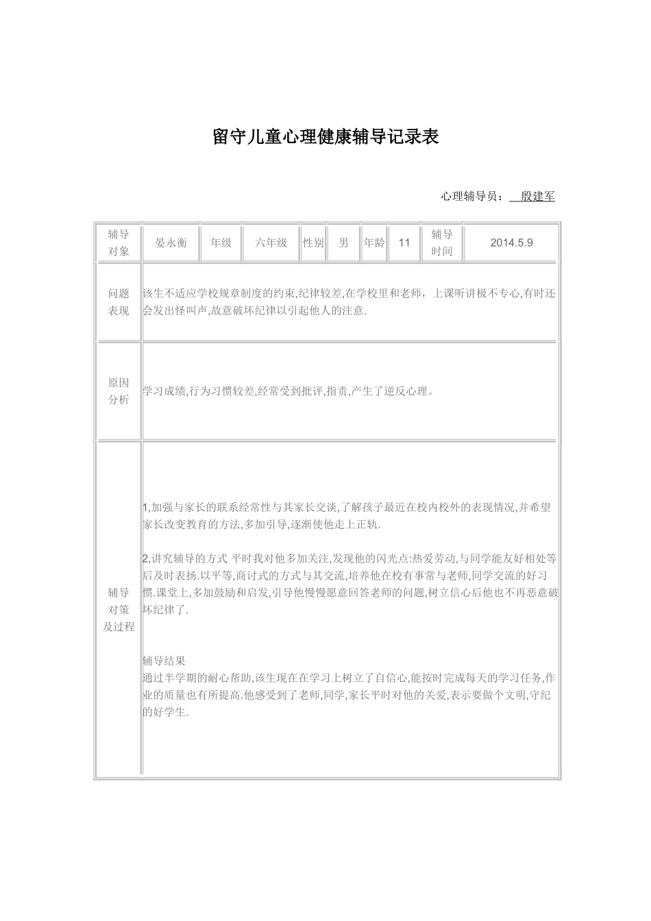 2014留守儿童心理健康辅导记录表_第2页