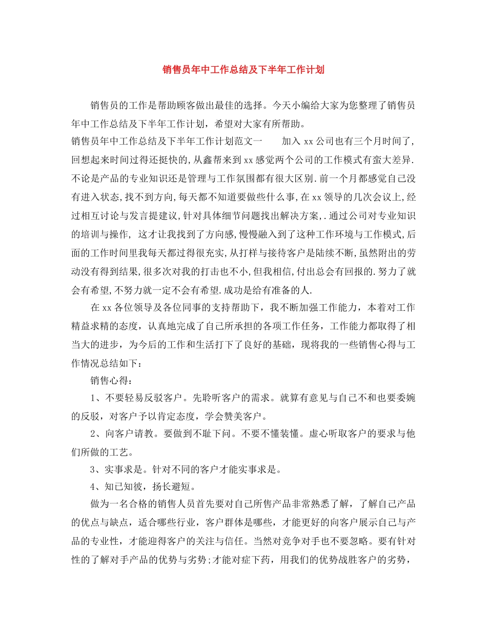 销售员年中工作总结及下半年工作计划 _第1页