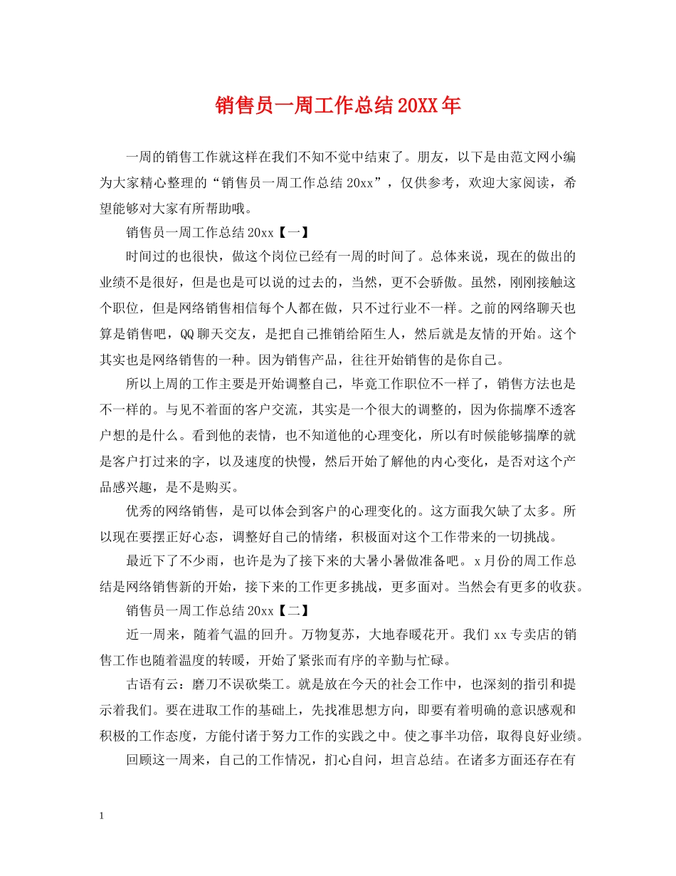 销售员一周工作总结20XX年 _第1页
