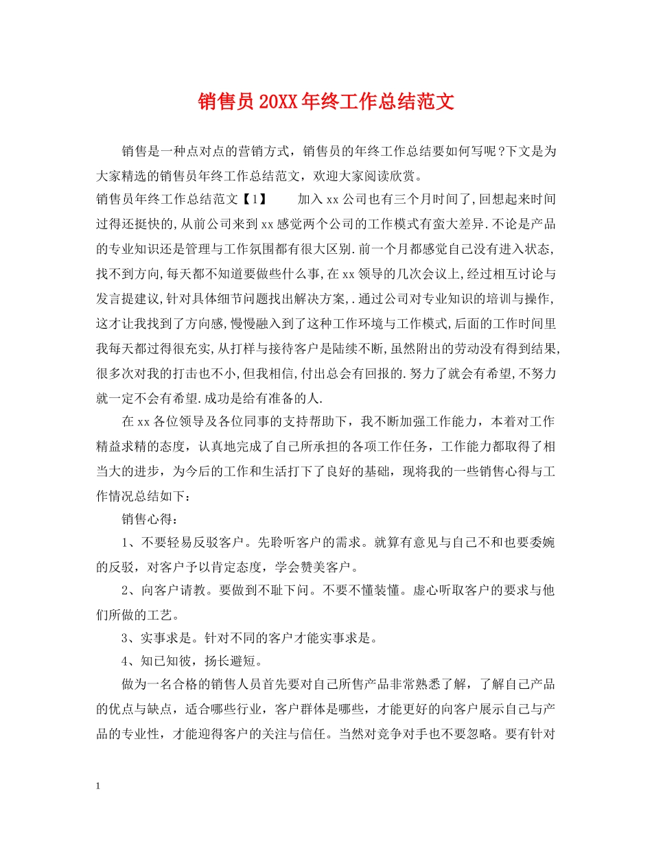 销售员20XX年终工作总结范文 _第1页