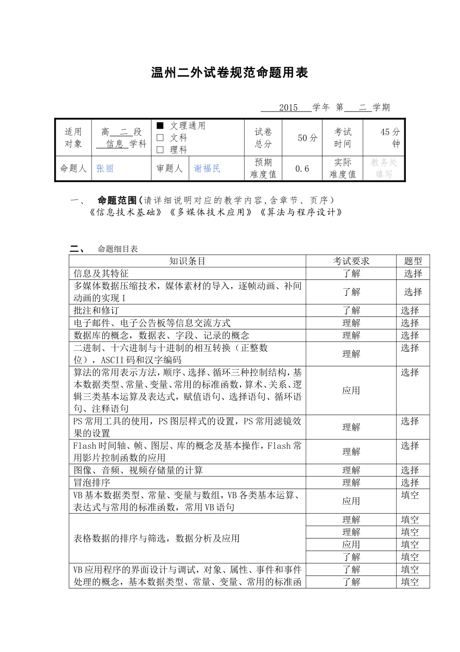温州二外试卷规范命题用表——高二信息_第1页