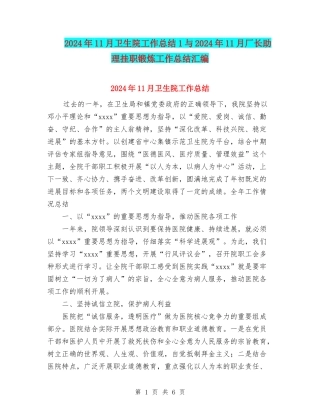 2024年11月卫生院工作总结1与2024年11月厂长助理挂职锻炼工作总结汇编