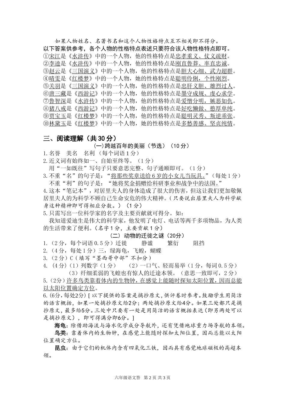 2012年六年级语文试卷参考答案及评分意见_第2页