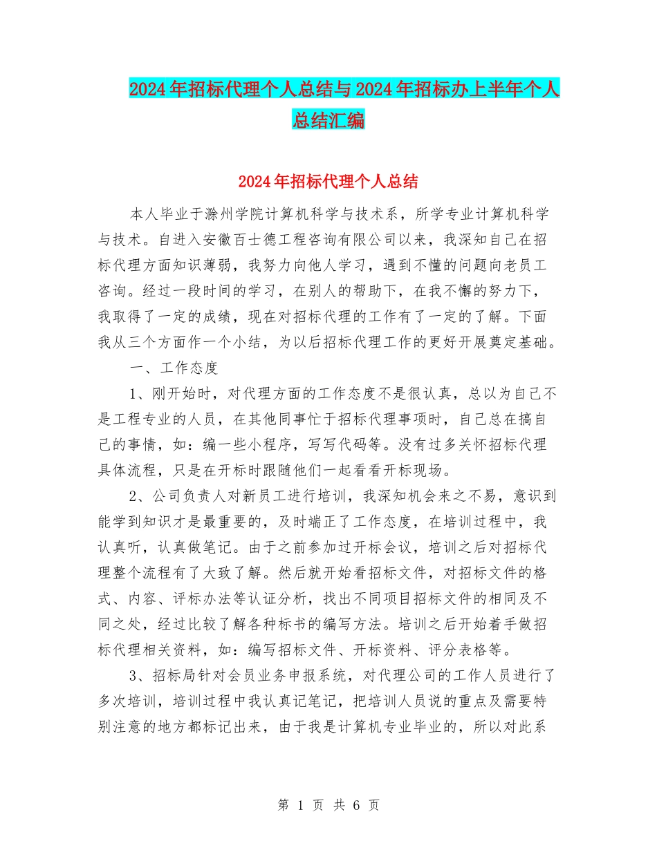 2024年招标代理个人总结与2024年招标办上半年个人总结汇编_第1页