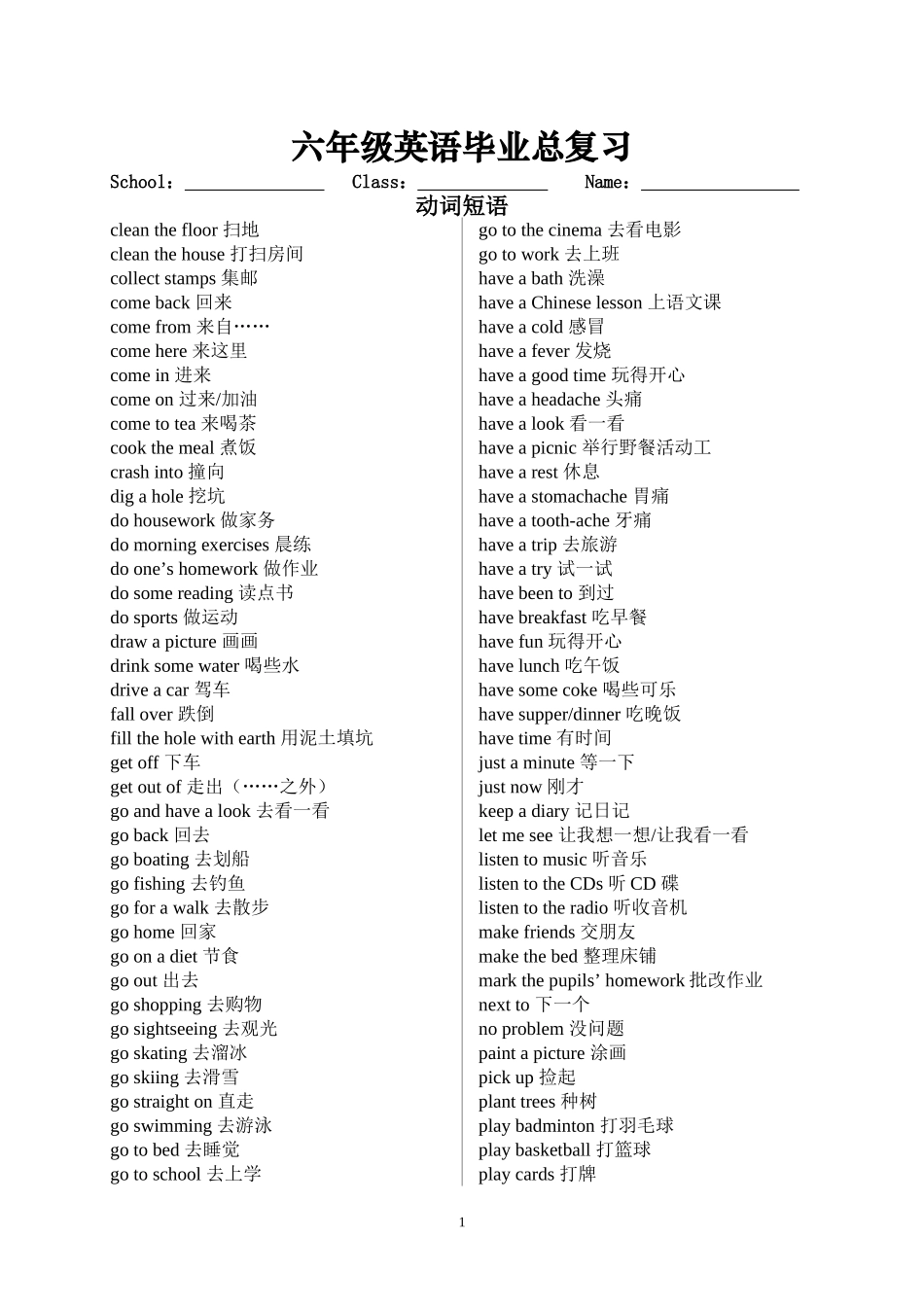 常用动词、介词短语（背）_第1页