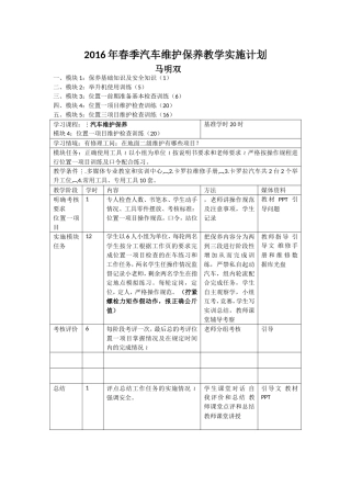 2016年春季汽车维护保养教学实施计划