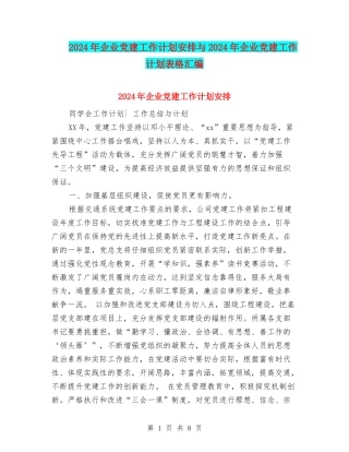 2024年企业党建工作计划安排与2024年企业党建工作计划表格汇编